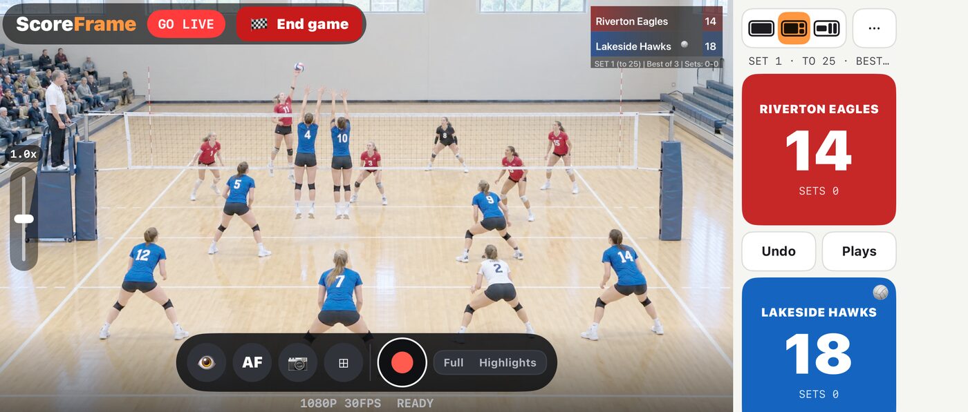 ScoreFrame filming a volleyball match with the live scoreboard in the corner of the video