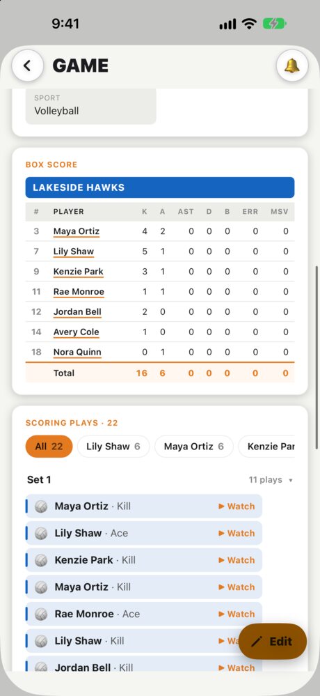 Game page with box score and plays